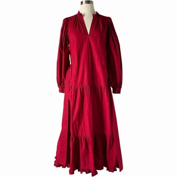 Marie Oliver Mariah Red Cotton Tiered Maxi Dress XS Belted